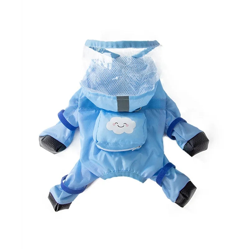 Blue Protective 4-leg dog raincoat keeping pets dry and comfortable