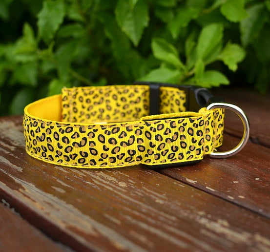 Yellow nylon LED dog collar for pets reflective and visible at night