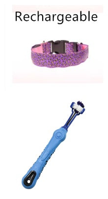Purple dog collar with pink glittery pattern and blue handheld device on a white background
