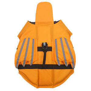 Reflective dog life jacket, blue and orange, front view