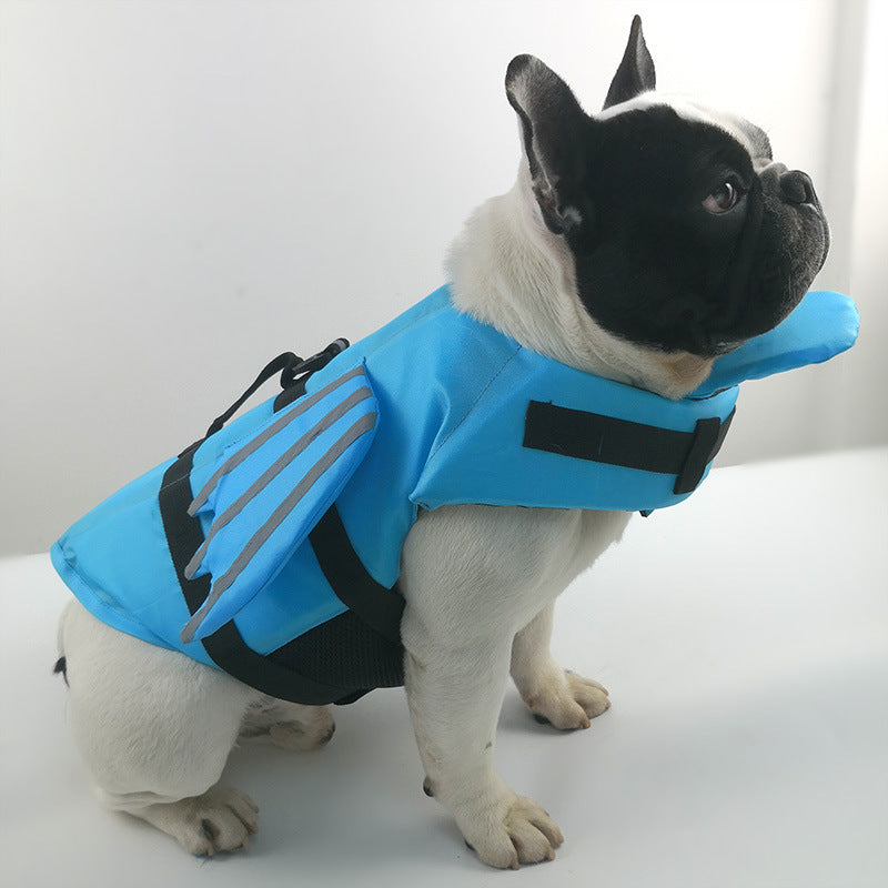 Reflective dog life jacket showing adjustable buckle straps