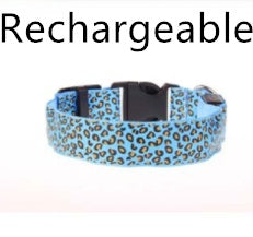 Rechargeable blue adjustable LED dog collar with leopard design for safe nighttime walks