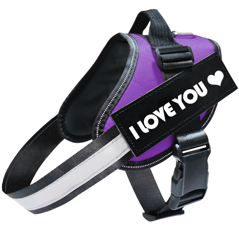 purple pet harness with I LOVE YOU patch for daily walks and safety