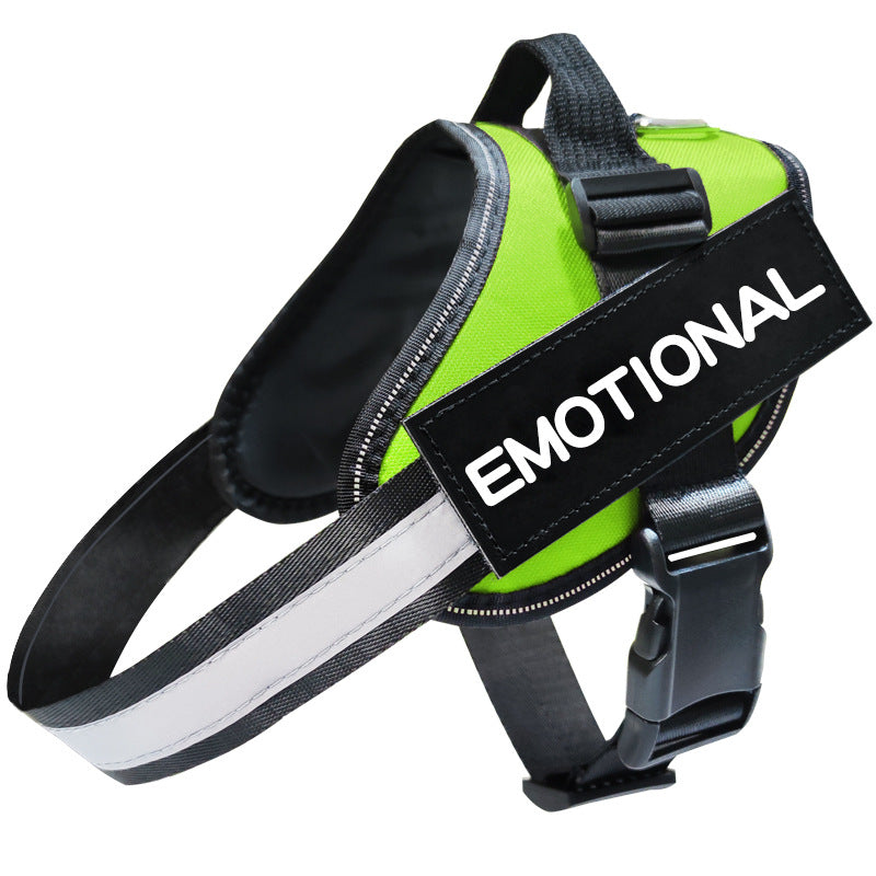 Green dog harness with 'EMOTIONAL' label on a white background