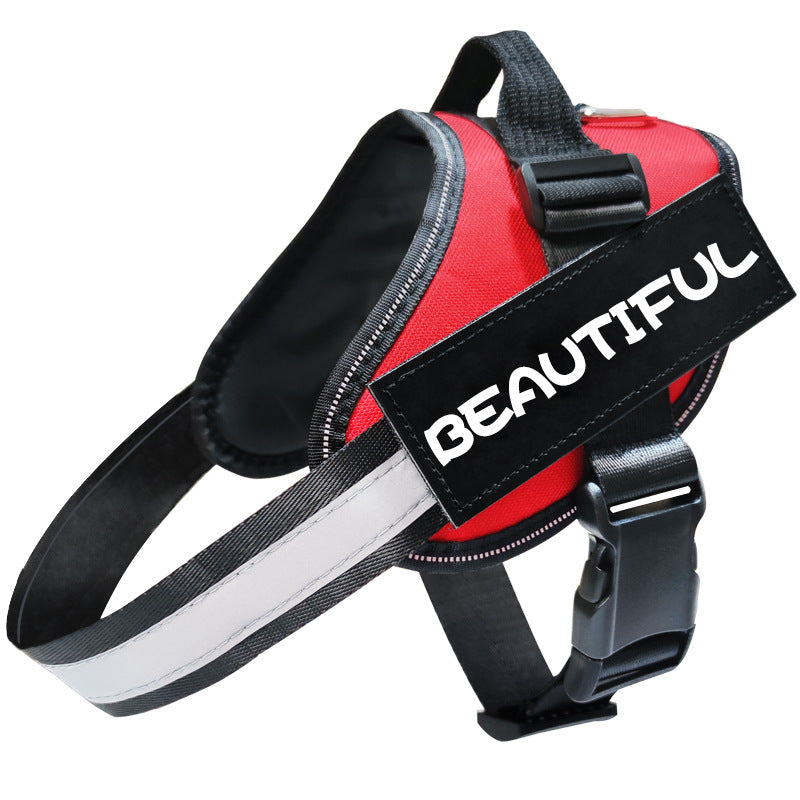 Red dog harness with a black patch displaying the word 'BEAUTIFUL' reflective leash and harness set for dogs safe comfortable daily walks 