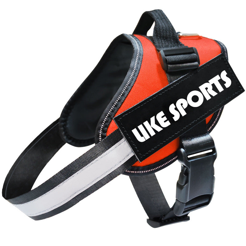 Red dog harness with black straps and 'liKE SPORTS' label reflective leash and harness set for dogs safe comfortable daily walks
