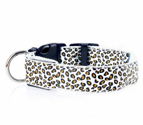 White nylon LED dog collar for pets reflective and visible at night