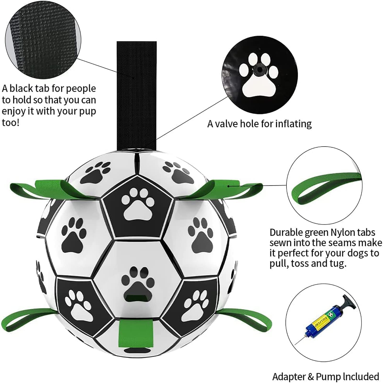 interactive dog soccer ball toy with nylon tabs for grab and fetch