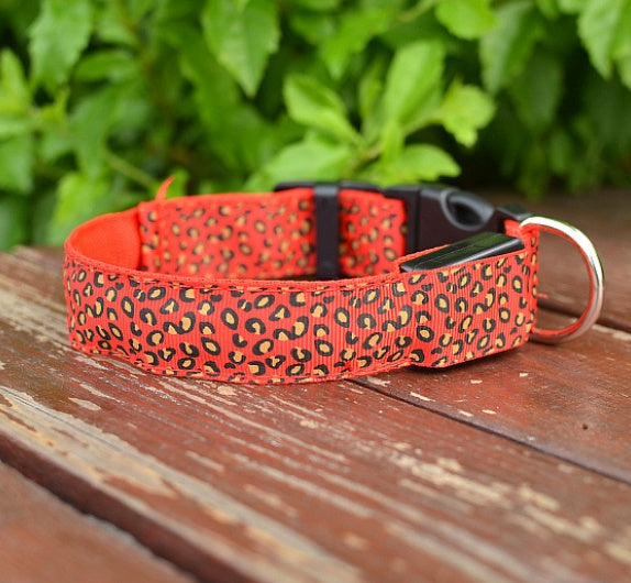 Red nylon LED dog collar for pets reflective and visible at night