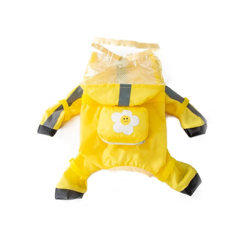 Yellow Protective 4-leg dog raincoat keeping pets dry and comfortable