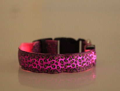 Pink nylon LED dog collar for pets reflective and visible at night