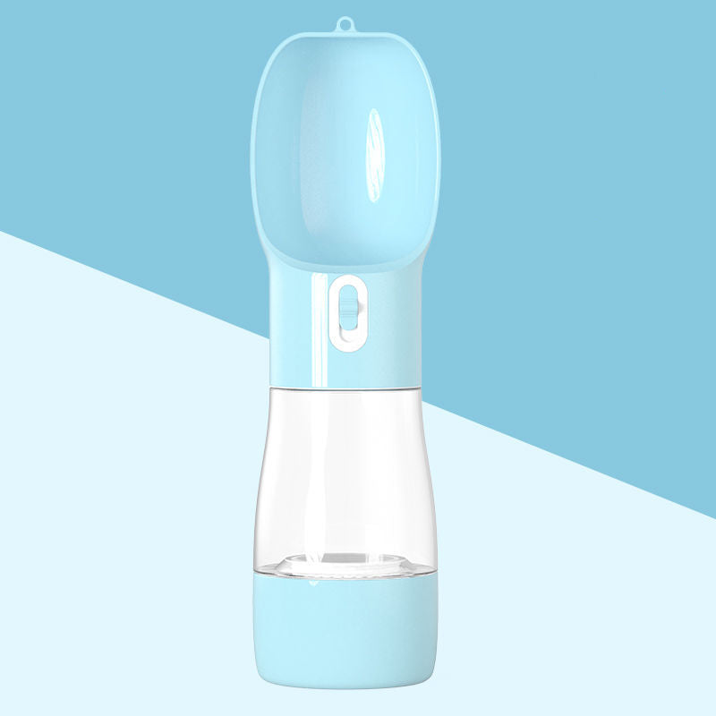 Clear pet water bottle with blue accents  and food storage for pets 