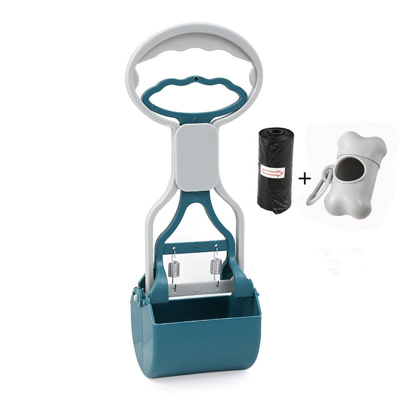 Pet waste management tool with black bag and white container on a white background