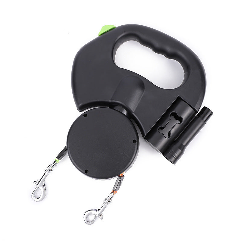 Black retractable dog leash with flashlight on a white background