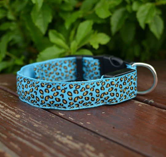 Blue adjustable LED dog collar with leopard design for safe nighttime walks