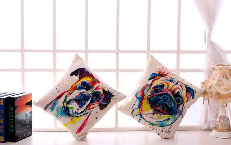 Two colorful pug and  boxer dog -themed pillows on a white surface with a grid-patterned wall in the background.