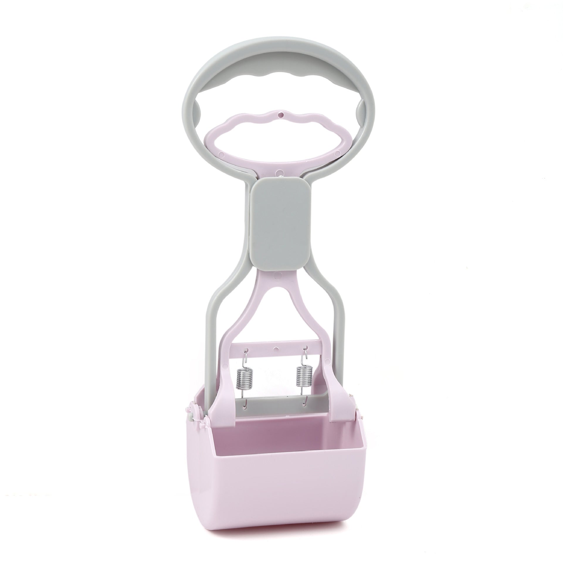 Pink and gray pet scoop with a white background