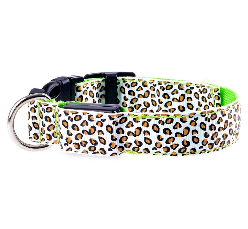 LED Dog Collar Safety Adjustable Nylon Leopard Pet Collar for Night Walks