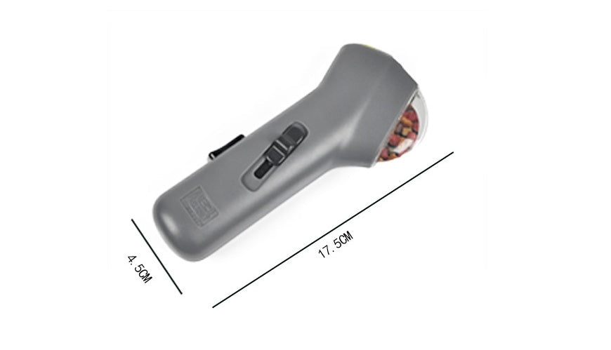 Gray handheld device with dimensions labeled on a white background