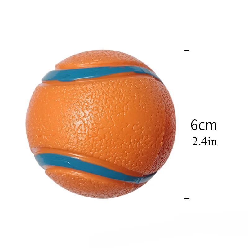 Orange ball with blue bands and measurement details on a white background