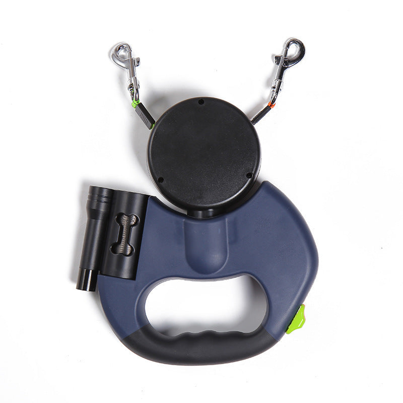 Blue Retractable dog leash with flashlight attachment on a white background