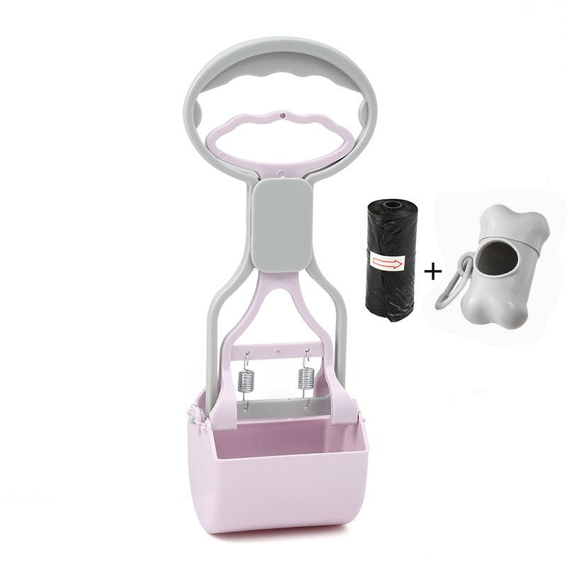 Pink and gray pet waste management system with a black plastic bag and white container on a white background