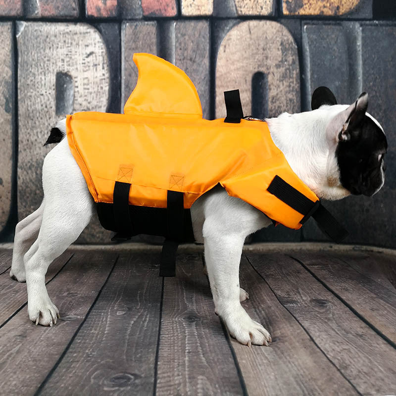 Shark fin dog life jacket, side view showing fit