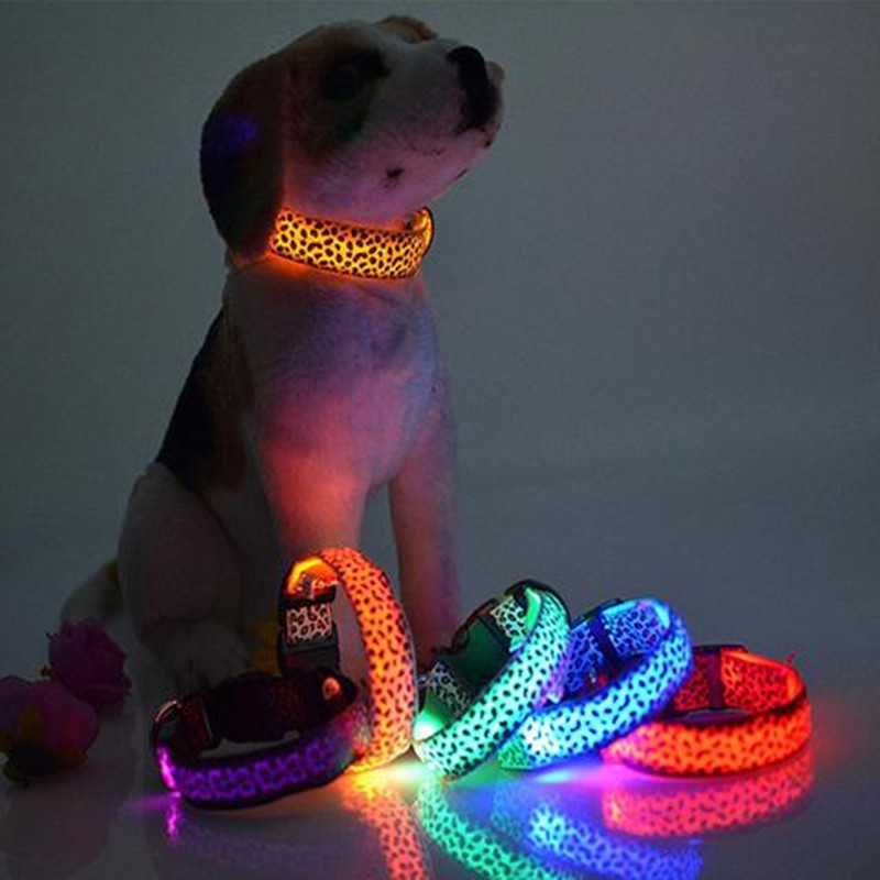 LED dog collar adjustable nylon leopard pattern safety collar for night walks