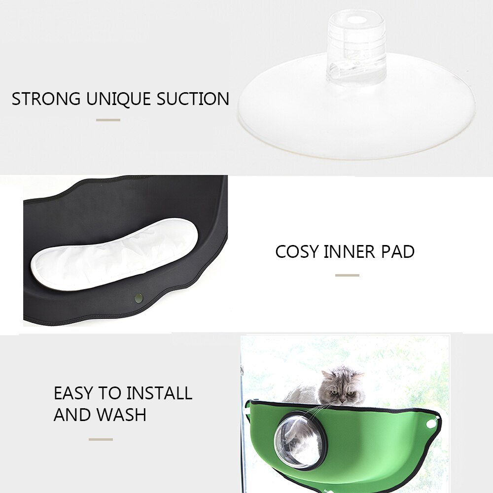 Product features including strong suction, cozy inner pad, easy installation, and washing with a green pet bed.