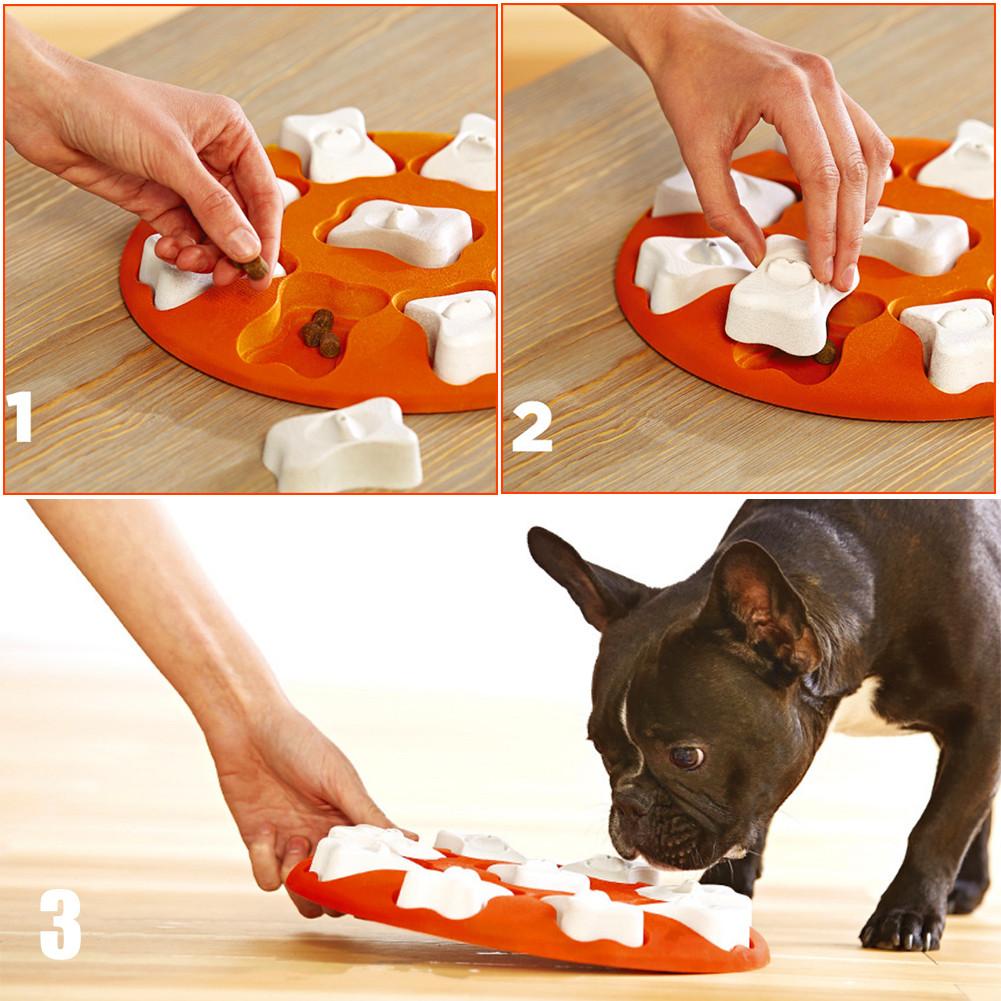 Step-by-step process of using a dog toy with a final image of a dog interacting with it.