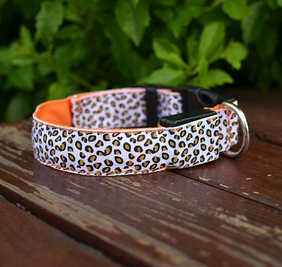 LED Dog Collar Safety Adjustable Nylon Leopard Pet Collar for Night Walks