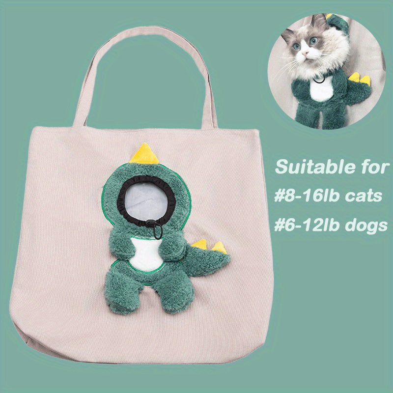 Beige tote bag with dinosaur-shaped pet carrier on a green background