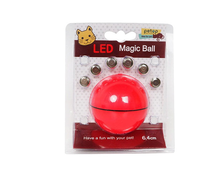 Red LED magic ball pet toy in packaging with brand logo on a white background