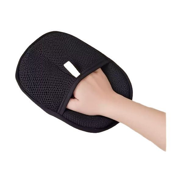 Black mesh Pet hair remover mitt for dogs, cats, and rabbits removes long short and curly fur efficiently