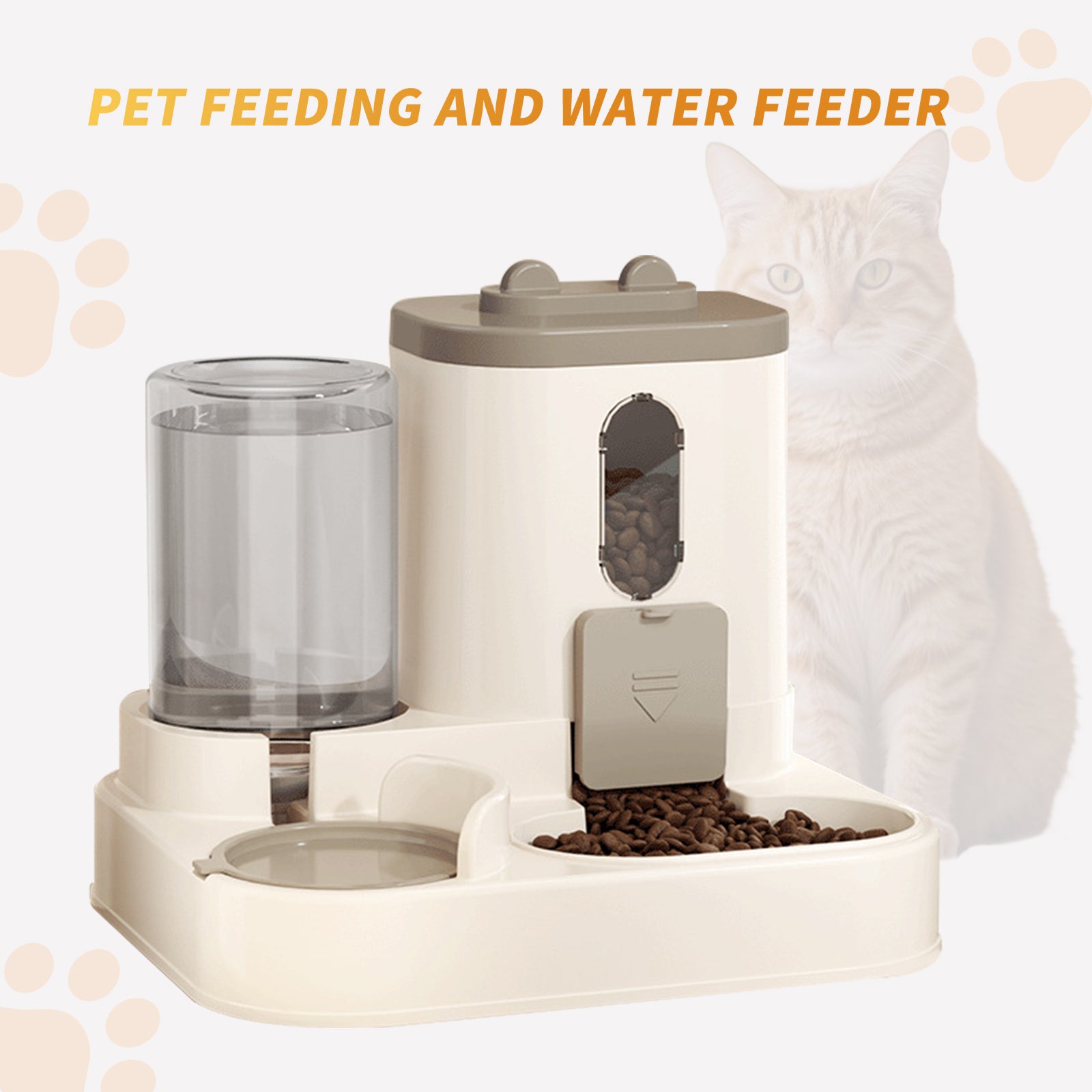 Pet feeding and water feeder with a cat in the background