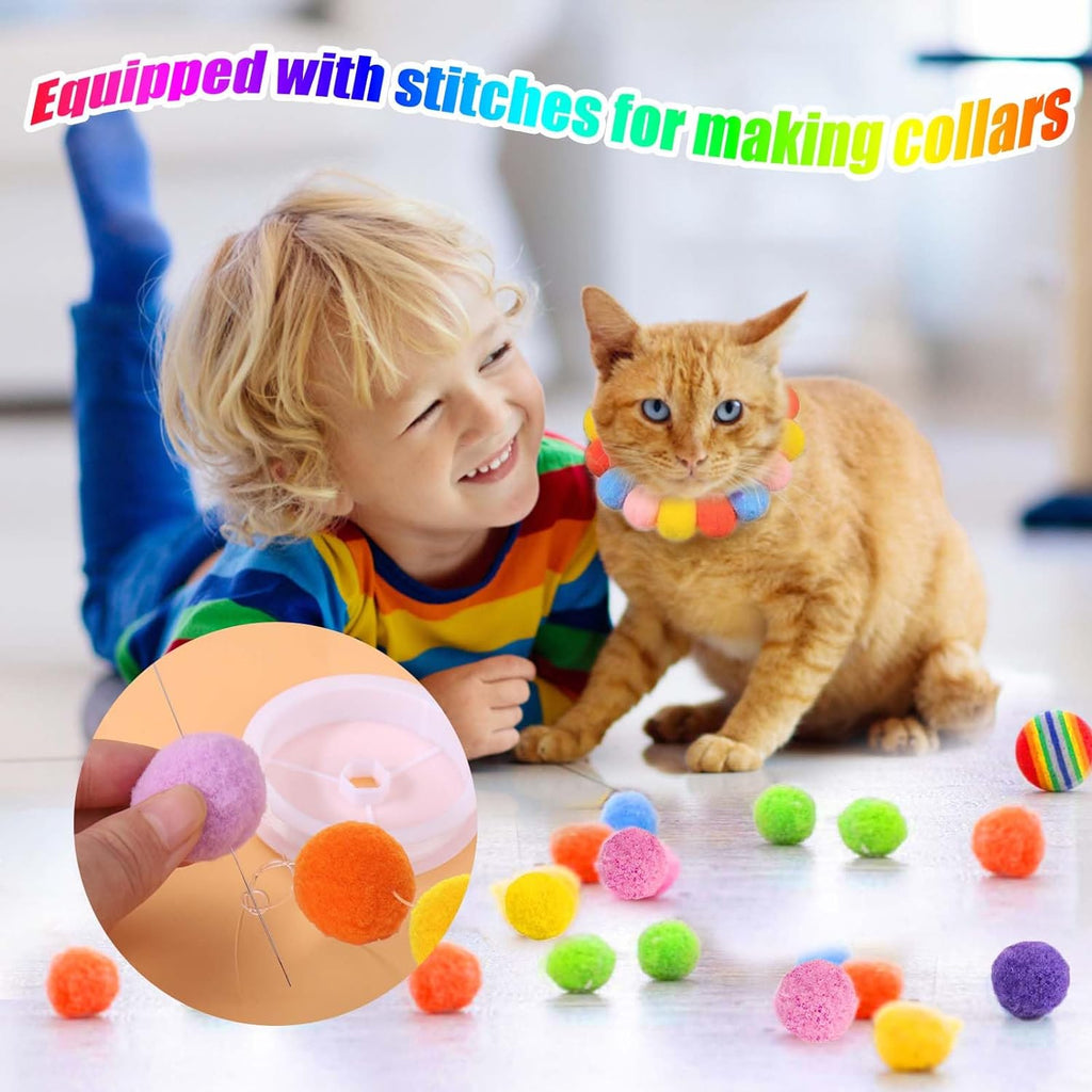 Child and cat with colorful pom-pom balls