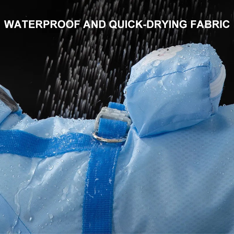 Blue waterproof fabric with water droplets being sprayed onto it against a black background.