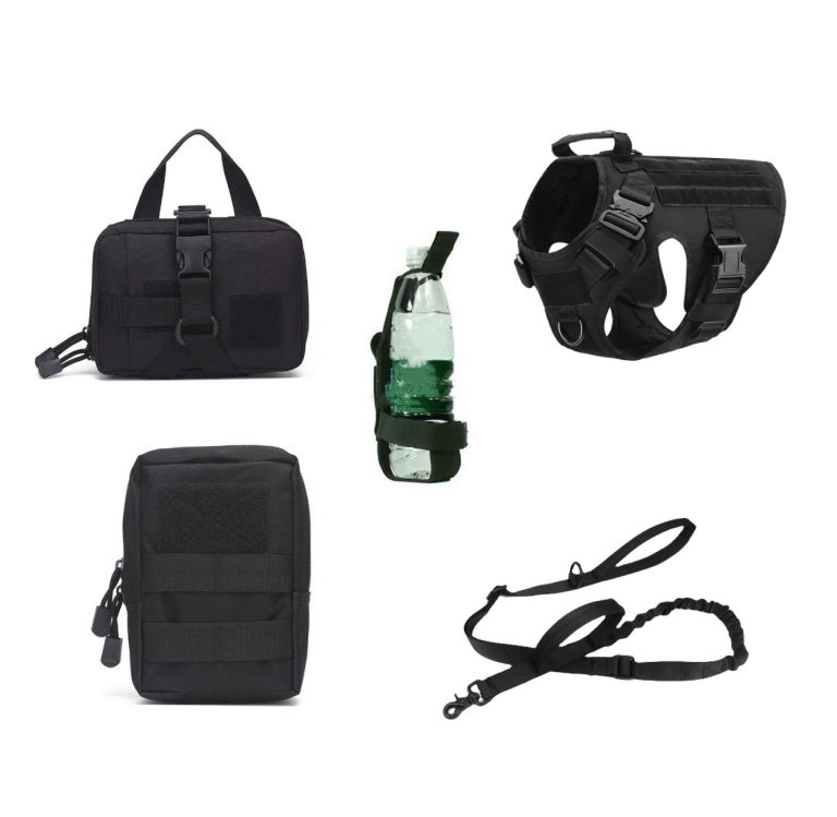 Black Tactical training dog harness with leash set for strong dogs designed for maximum support and movement