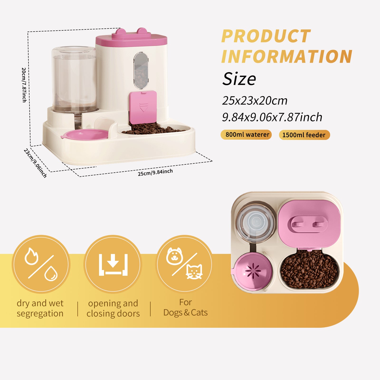Pet feeding and water station with dimensions and features on a white background