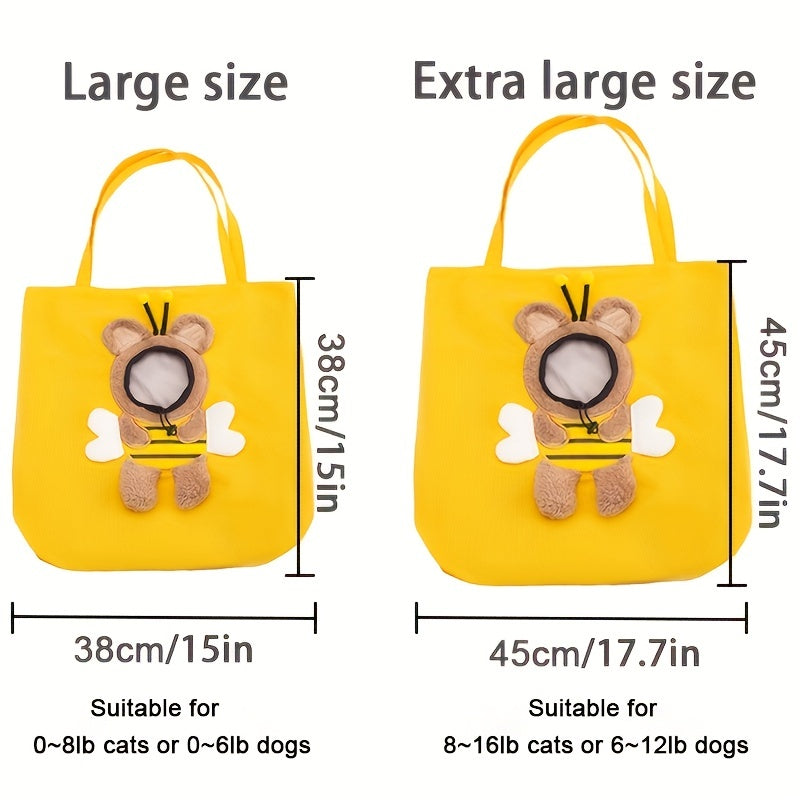 Two yellow bags with bear plushies, labeled 'Large size' and 'Extra large size', showing dimensions and weight ranges.