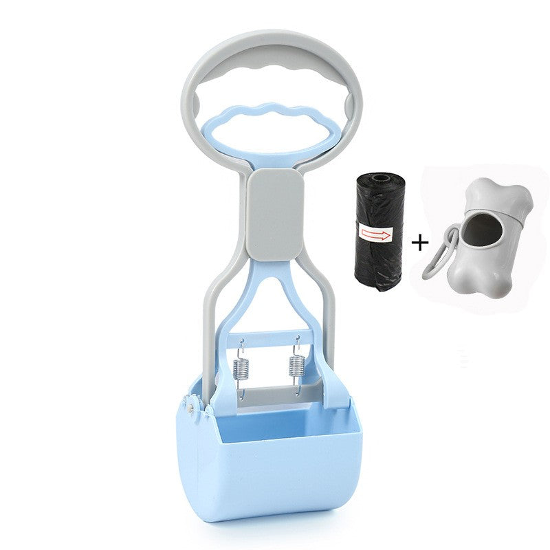 Pet waste management tool with a bag dispenser, black bag, and white container on a white background