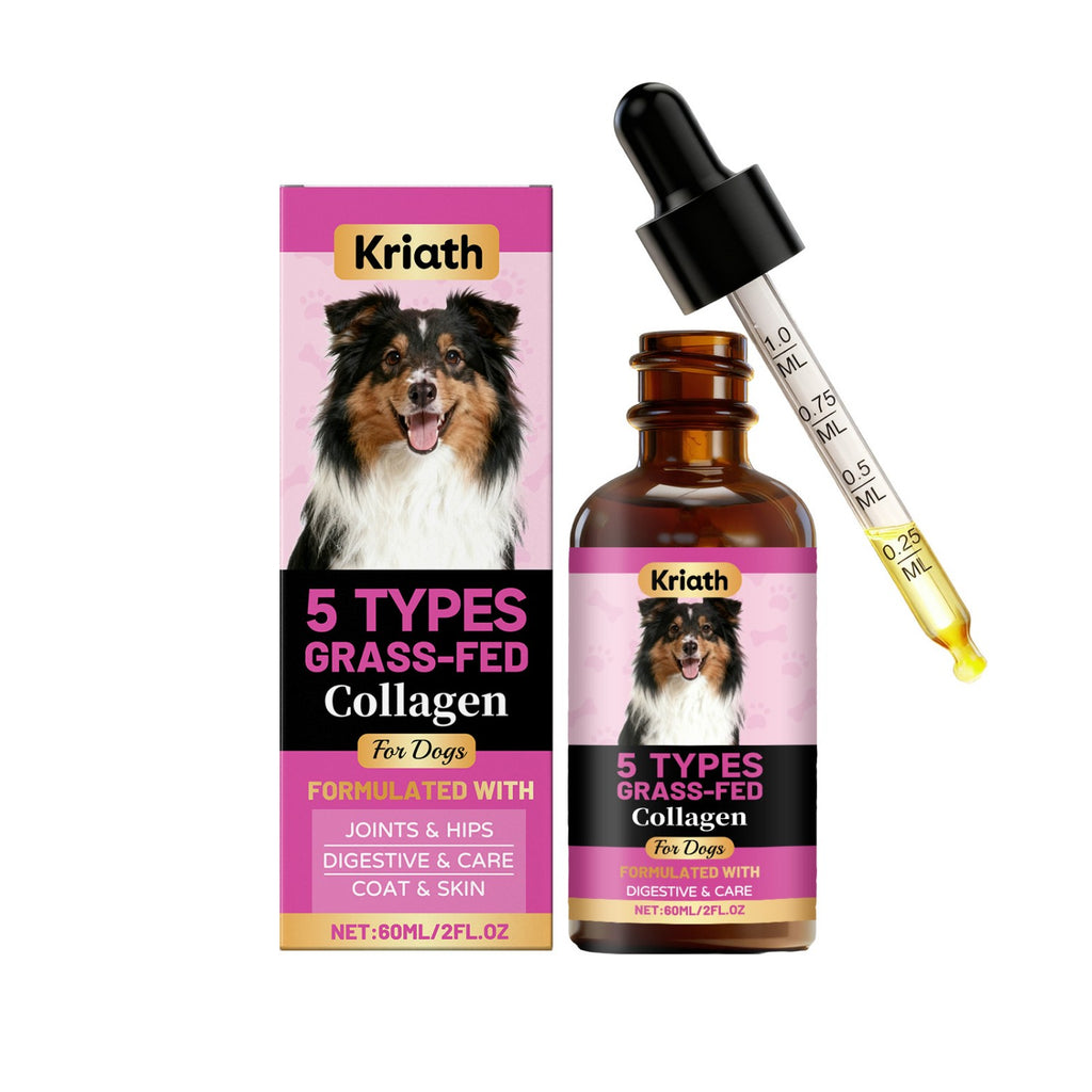 Kriath 5 Types Grass-Fed Collagen for dogs with packaging and dropper bottle on a white background