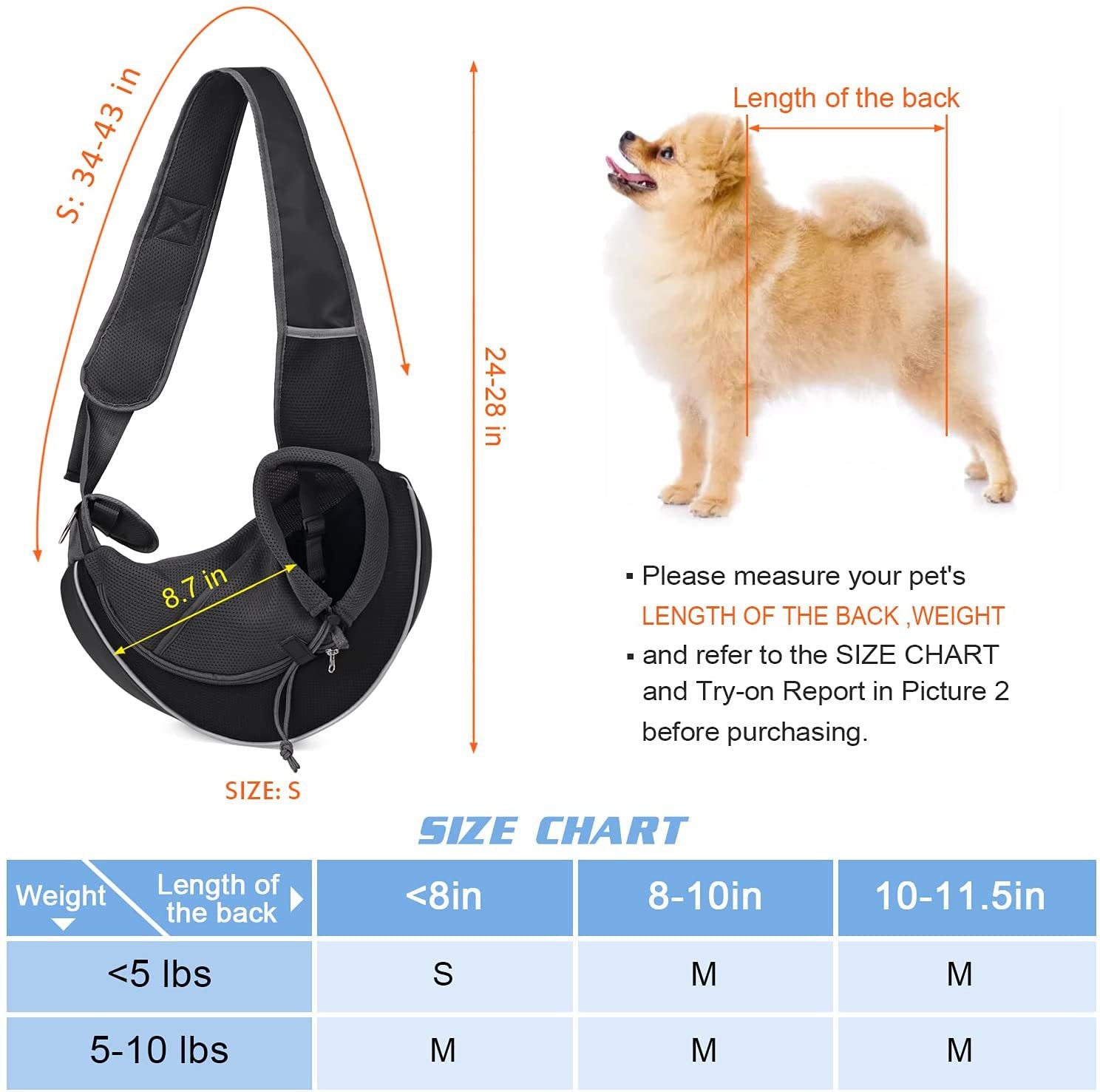 Measurements for Outdoor crossbody pet carrier bag for small dogs and cats, lightweight and breathable for travel