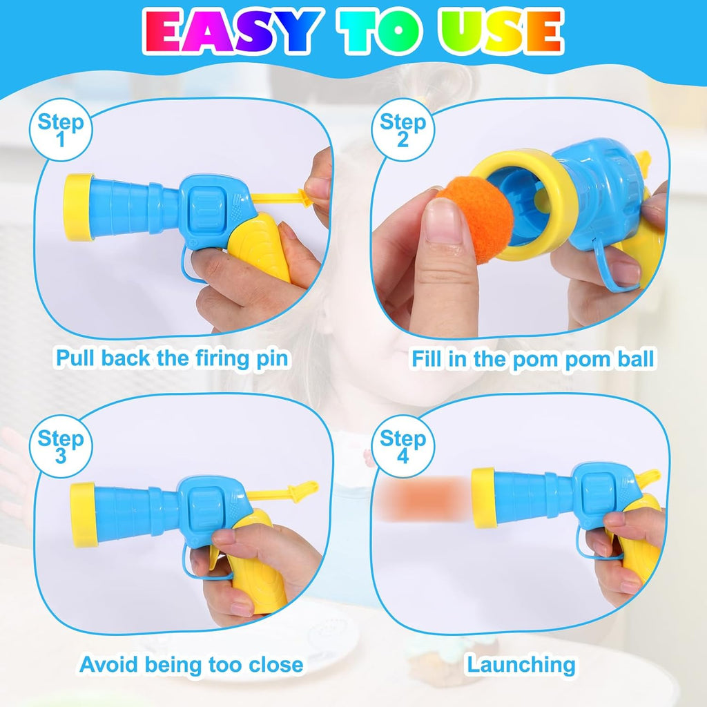 Instructions for using a toy pom pom gun.