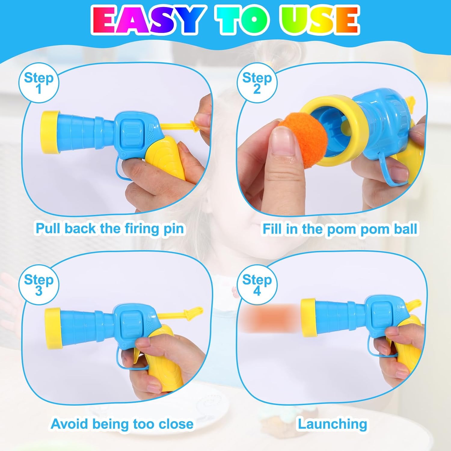 Instructions for using a toy pom pom gun.